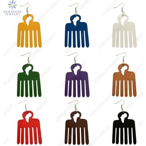 SOMESOOR Colorful Afro Comb Wooden Drop Earrings With African Map Cutting Ethnic Loops Pendant Dangle Jewelry For Women Gifts