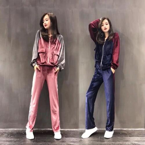 Sports suit spring and autumn casual womens blue suit velvet suit side stripe double pocket zipper jacket and elastic trousers