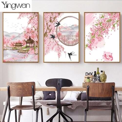 5d Diamond Painting Triptych Modern Decoration 3 Pieces Diamond Embroidery Peach Blossom Scenery Living Room Home Decoration