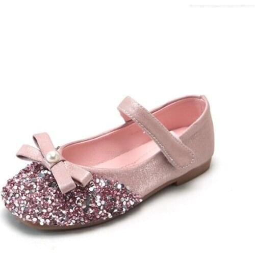 Girls Princess Shoes 2021 Childrens Crystal Sequined Soft Baby Shoe Butterfly Tie Girls Flat Heel Loafer