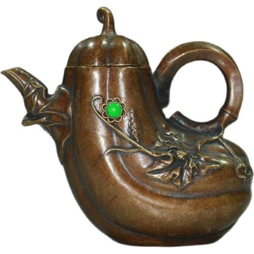 Antique Brass inlaid gem eggplant wine pot ornaments