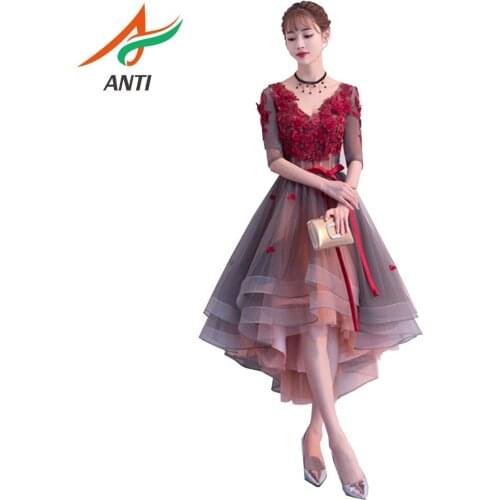 ANTI V-Neck Applique Evening Dress Back Half-Sleeve Evening Dress With Bow Sashes Evening Gown 2019 Prom Dress Robe De Soiree