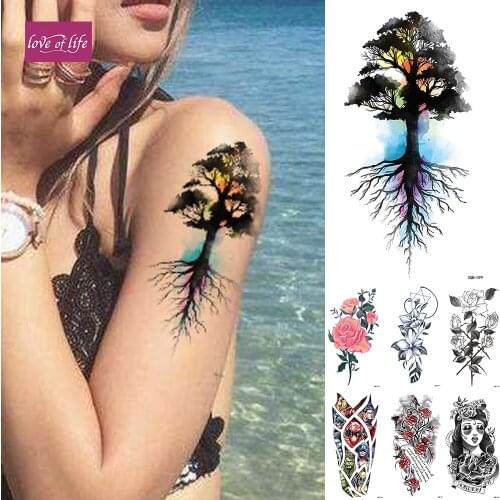 Tree of Life Temporary Tattoo Sticker ,Waterproof Flower Flash Tatto, Rose Body Art Arm Fake Tatoo Women Men