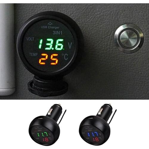 3in1 Car Dashboard Cell Phone Charger LED Display Monitoring Voltage Temperature Voltmeter Thermometer USB Mobile Phone Charger