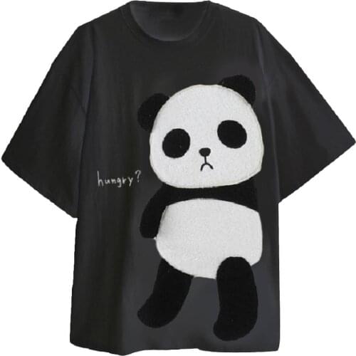 Plus Size Women Panda Embroidery Short Sleeve Round Neck Loose T-shirt Tee Top Round Loose T Shirt Tee Tops 2020
