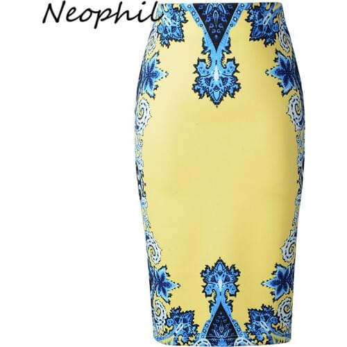 Neophil 2020 Women High Waist Royal Pencil Skirts Midi Slim Ethnic Floral Print Stretch Bodycon Jupe Femme Office Wear S1607014