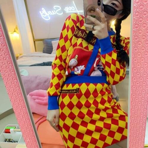 Women Harajuku Diamonds Knitted Plaids Sweaters Sweater Suits Fall Cartoon Embroidery Cardigans Plaids Pullovers Plus Skirts Set