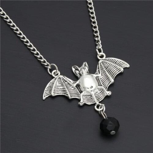 1pc Cool Hiphop Rock Punk Gothic Black Bead Vampire Bat Necklace Sweater Chain Halloween Jewelry E2022