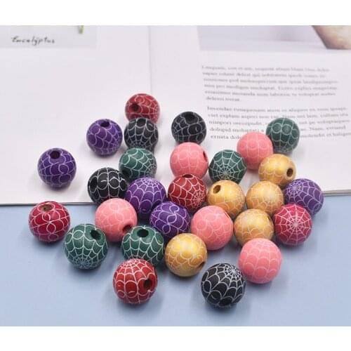10pcs 16mm Cobweb Print Wood Loose Beads Handmade Colorful Wooden Beads Spacer Beads for Craft DIY, Jewelry Making