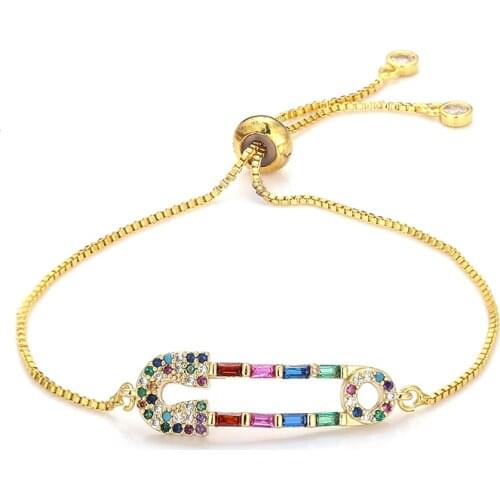 Fashion womens rainbow pin bracelets jewelry gold cz colorful zircon bracelet bangle adjustable chain bracelet for women
