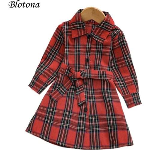 Blotona Toddler Kid Baby Girl Christmas Clothes Plaid Pattern Single-breasted Shirt Dress with Belt XMAS Party Dresses, 1-6Years