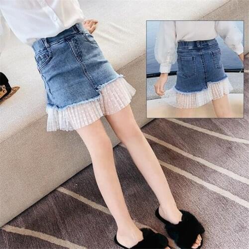 Girls Jean Skirt Kids Casual Lace Patchwork Asymmetrical Skirts Summer Children Denim Skirt for Teenagers