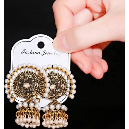 Ethnic Retro Gold Carved Indian Jhumka Earrings For Women Vintage Sector Pearl Bell Tassel Dangling Earrings