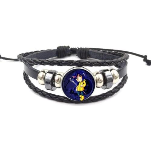 EJ Glaze For Women Kids Cartoon Glass Cabochon Jewelry Black Leather Bracelet Bangle Coraline y la Puerta Secreta