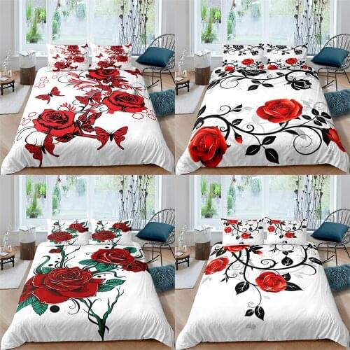 Red Rose Printed Pattern Bedding Set 2/3 Pcs White Duvet Cover Queen Twin King Size Quilt Cover Bedcloth Pillowcase Home Textile