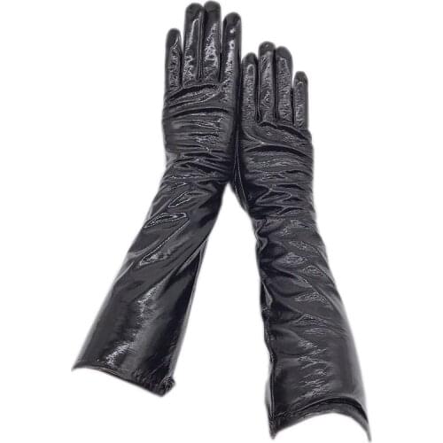 Leather gloves leather 2020 new style sheepskin black patent leather bright leather ladies winter warm driving arm sleeve fashio