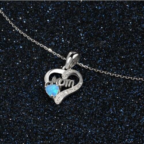 Fashion Exquisite Shiny Zircon Blue Opal Mom Heart Pendant Necklace Elegant and Beautiful Mothers Day Jewelry