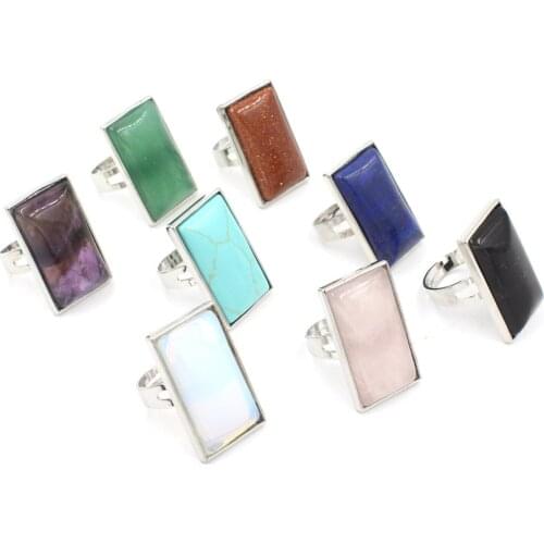 Punk Men Women Finger Rings Rectangle Natural Stones Crystal Rings Adjustable Healing Lapis Opal Pink Quartz Ring Jewelry Party