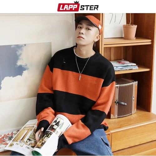 LAPPSTER Men Korean Striped Sweater 2020 Fall Mens Pullover Streetwear Hip Hop Hole Sweaters Couple Orange Oversized Sweaters