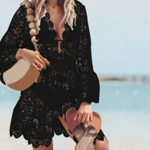 2021 New Summer Women Bikini Cover Up Floral Lace Hollow Crochet Swimsuit Cover-Ups Bathing Suit Beachwear Tunic Beach Dress Hot