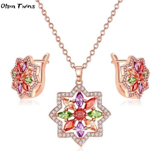 Olsen Twins Multicolor Crystal Zircon Eight-pointed Star Necklace Earrings Set Engagement Rose Gold Jewelry Sets
