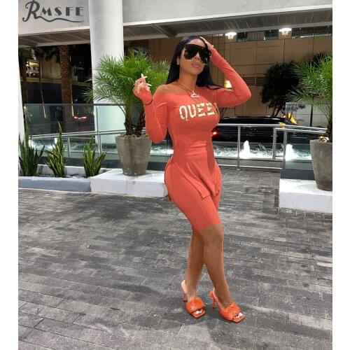 RMSFE 2021 Personality Leisure Soft Long Sleeves Cross Letter Print Clothes +Solid Color Elastic Belt Shorts 2 Piece Womens Set