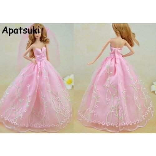 Pink Pretty Wedding Dress For Barbie Dollhouse Long Dress + Veil Lace Vestido Gown Clothes For 1/6 BJD Doll Clothes