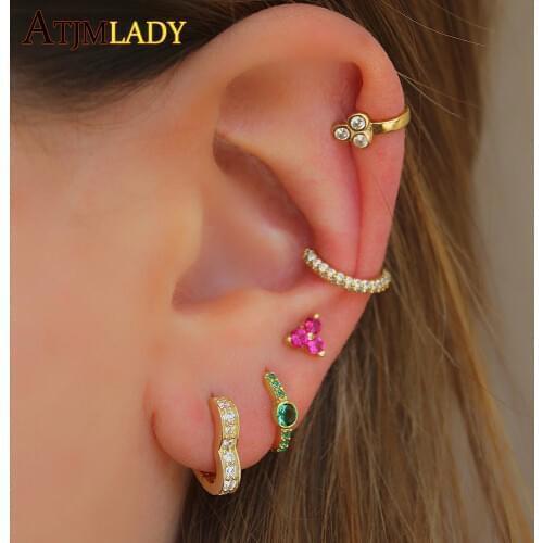 1pcs 925 Sterling Silver blue rainbow colorful cz Paved earring clip girls Cartilage No piercing tiny mini Cuff & Wrap Earrings