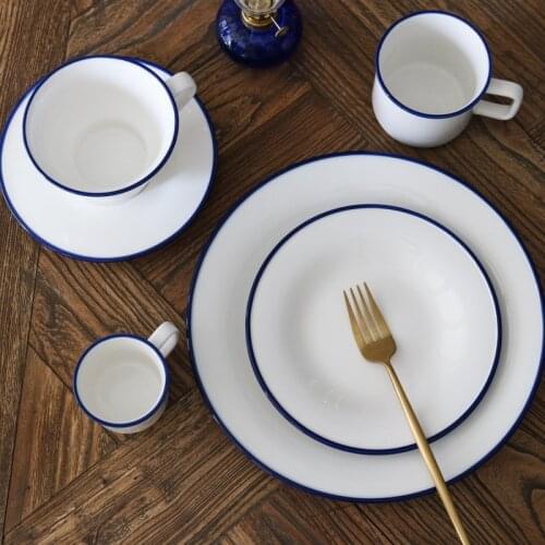 High Quality Blue Edge White Porcelain Imitation Enamel Retro Dinner Plate/Home Steak Plate Creation