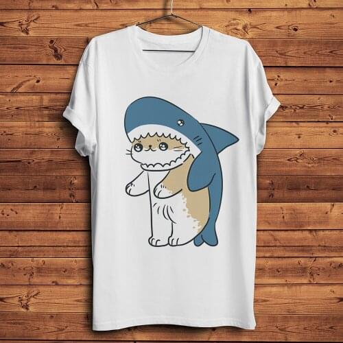 Cute cat shark meow funny tshirt men summer new white casual short sleeve unisex cool manga streetwear t shirt