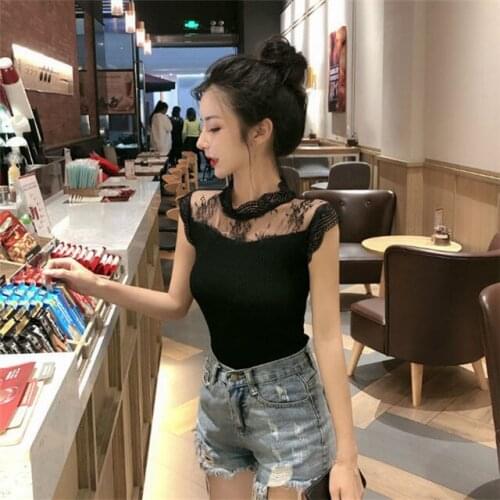 Woman TShirts Summer Lace Splicing Knitwear Top For Women Crop Top Mujer Camisetas