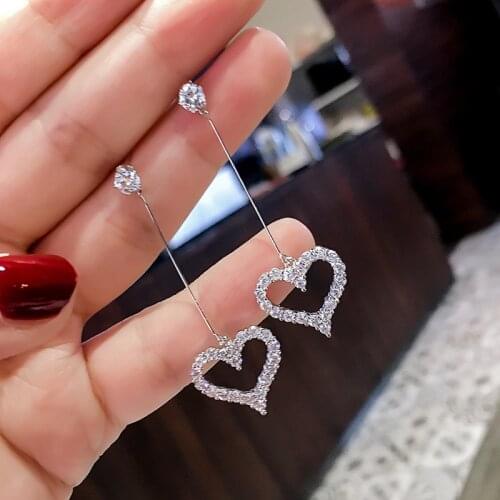 New Silver Color Tassel Long Heart Stud Earrings with Zircon Stone Fashion Jewelry Korean Earrings S925