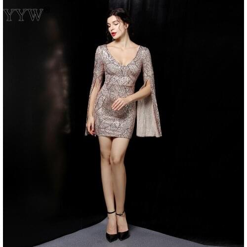 New Vintage V Neck Short Evening Dress Fashion Bodycon Sexy Party Prom Dress Classic Sequin Shining Vestidos Robe De Soiree