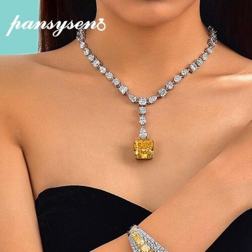 PANSYSEN Solid 925 Sterling Silver Created Moissanite Citrine Gemstone Pendant Necklaces Luxury Wedding Party Women Fine Jewelry