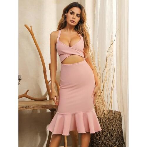 Summer Ruffles Pink Gray Elegant Sexy Halter Hollow Out Women Evening Party Dress Office Lady Casual Slim Korean Vestidos DH7500