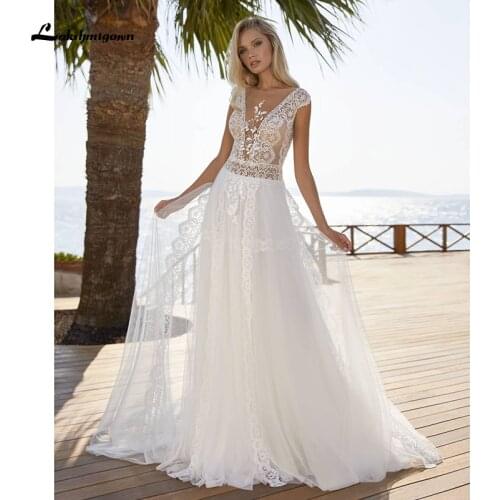 Trendy Vintage Bohemian Beach Wedding Dress V neck Nude Lace Color Tulle Chiffon A-Line Vaporous Muslin Skirt vestido de novia