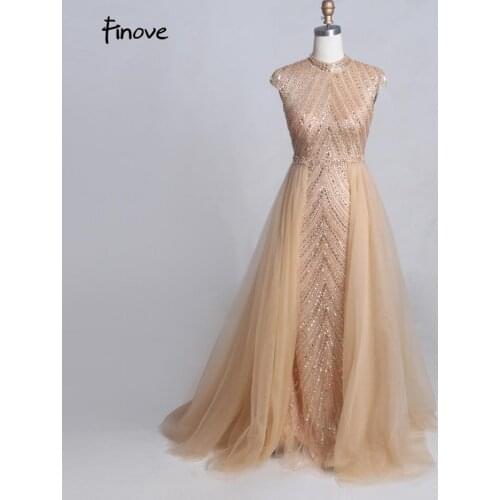 Finove High Neck Evening Dresses Long 2020 Noble Champagne Cap Sleeves With Fully Beaded Elegant A Line Dress In Women' Dress