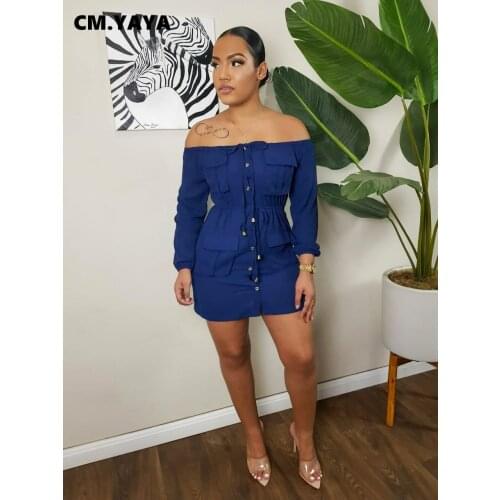 CM.YAYA Autumn Spring Off Shoulde Slash Neck Women Long Sleeve Mini Dress Streetwear With Pocket Slim High Waist Dresses