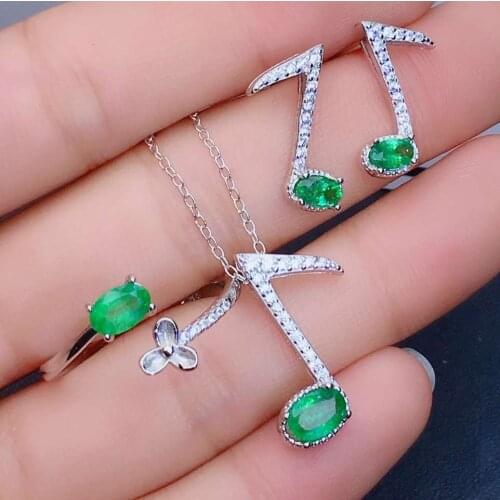 Boutique jewelry 925 pure silver natural emerald female Jewelry Set Ring + Pendant + Earrings 3 piece set