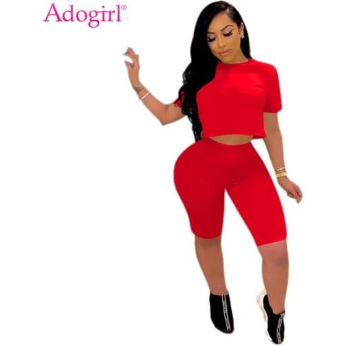 Adogirl S-XXL Solid Casual Two Piece Set Women Summer Tracksuit Short Sleeve T Shirt Crop Top Skinny Shorts Fitness Home Suit