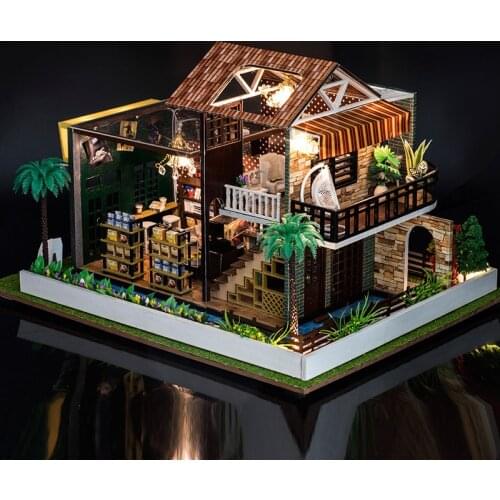 Diy Dollhouse Big Miniature Building Kits House Dolls Wooden Cafe Childrens Toys Birthday Gift Doll House Accessories Furniture