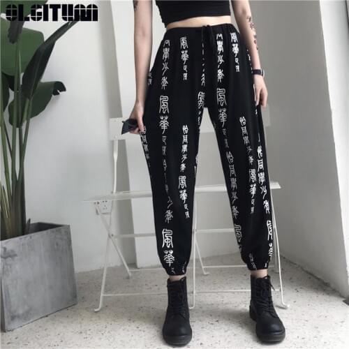 Harajuku Pants Women Elastic Waist Fashion Chinese Characters Printed Loose Calf-Length Pant Spring Autumn Korean Edition PT272