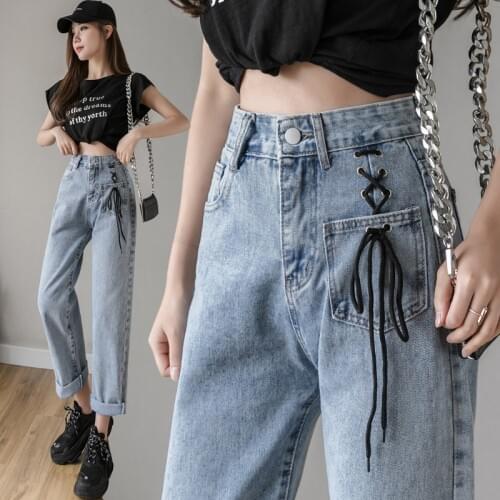 Woman Jeans High Waist Clothes lacing Wide Leg Denim Clothing Blue Streetwear Vintage Quality Fashion Harajuku Straight Pants