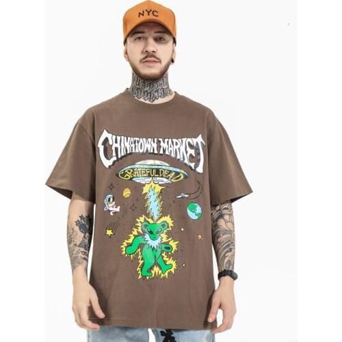 Hip-Hop Mens Streetwear Harajuku Oversized Cartoon Bear Print T-shirt Cotton Loose Top 2021 Summer Round Neck Short sleeve Tee