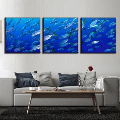 HD Canvas Art Scenery Painting For Living Room Wall Decor 3 Pieces Blue Sea School of Fish