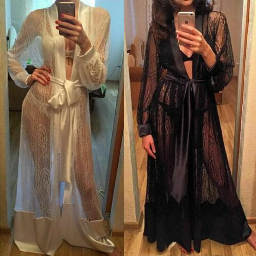 Lace Robe Women Sleepwear See Through Long Robe Sleepwear Nightwear Female Black White Gown Bathrobe Nightdress Underwear Dress
