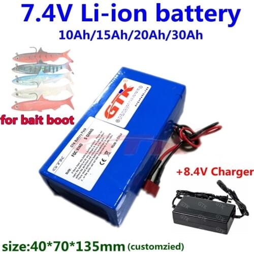 GTK bait boot battery 2s 7.4V 10Ah 15Ah 20Ah 30Ah Lithium li ion battery 7.4V for bait boot sea fishing head light+ Charger