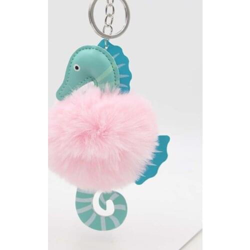 Cute Women Hippocampus Fur Ball Keychain Fur Pom Pom Keychain Bag Purse Car Key Holder Fluffy Golden Keyring Pendant Llaveros