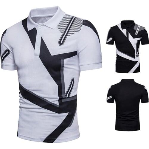 Mens Polo Shirt Short Sleeve Turn Down Collar Pullover T-Shirt with Geometric Print Casual Slim Type Tops