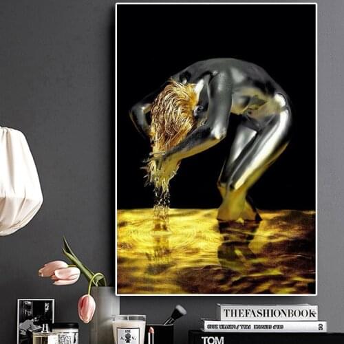 Golden Liquid Black Nude Woman Canvas Painting Wash Hair Cuadros Posters and Prints Scandinavian Wall Pictures for Living Room